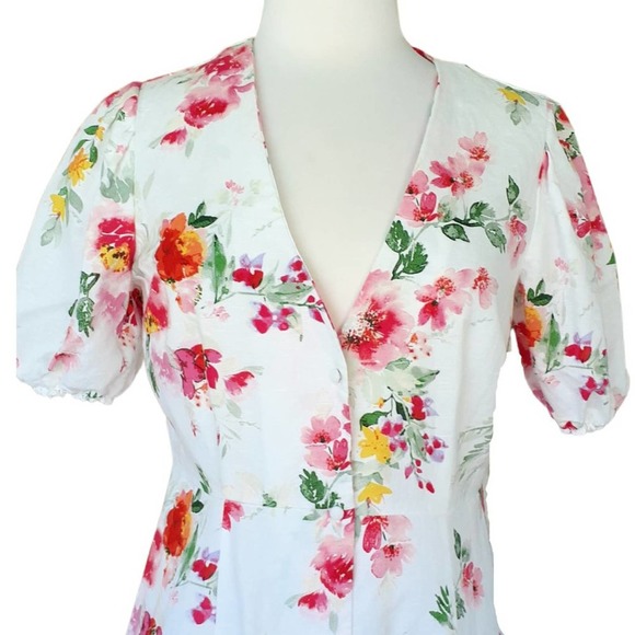 ZARA White Floral Linen Blend Midi Maxi Dress Puff Sleeve Medium - Picture 10 of 11